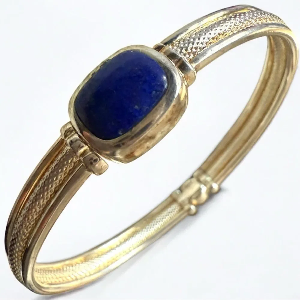 Boho Silver Bangle with Deep Lapis Stone – Artisan Style